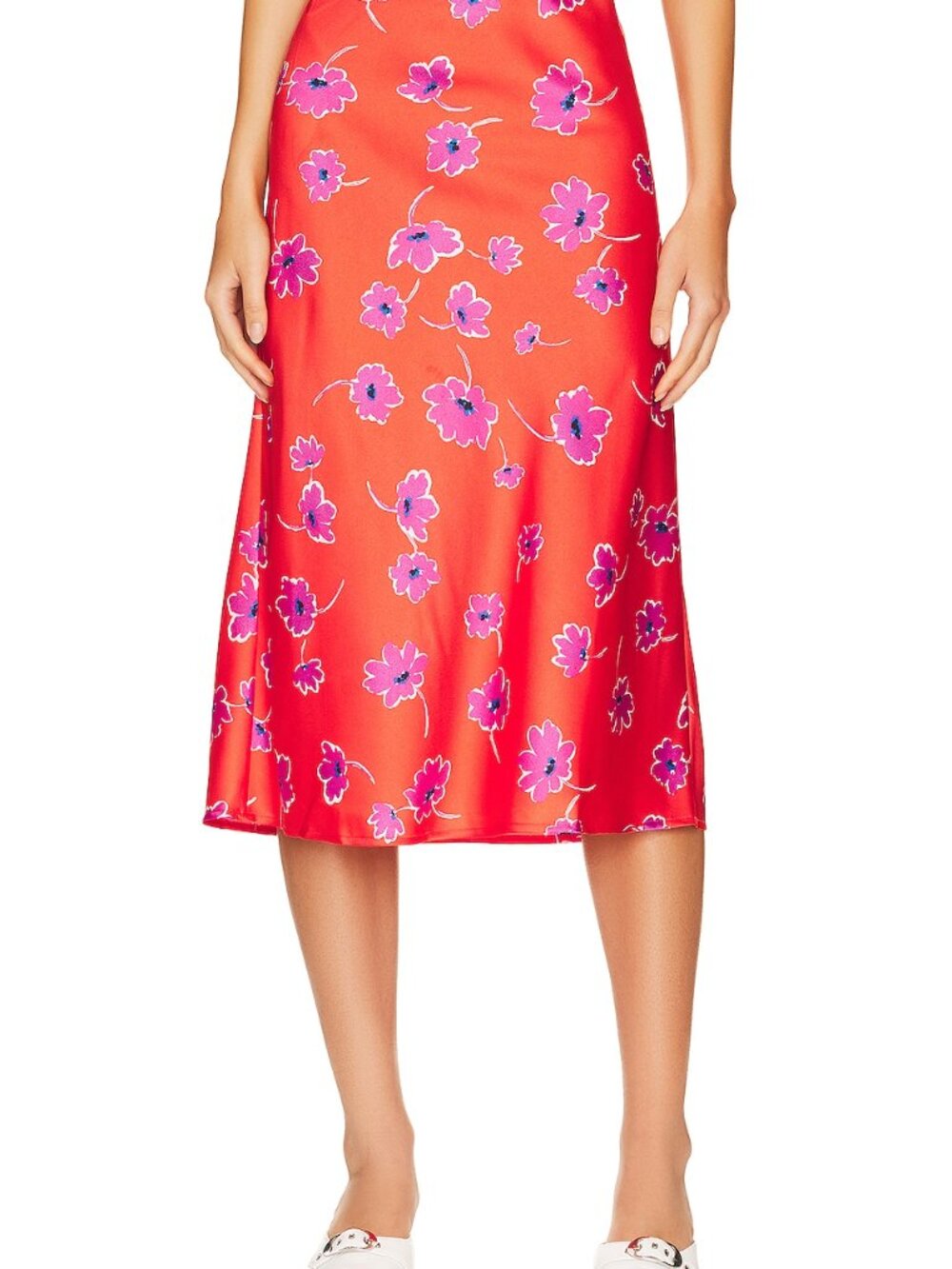 Sanctuary Red Floral Satin Midi Skirt Size L